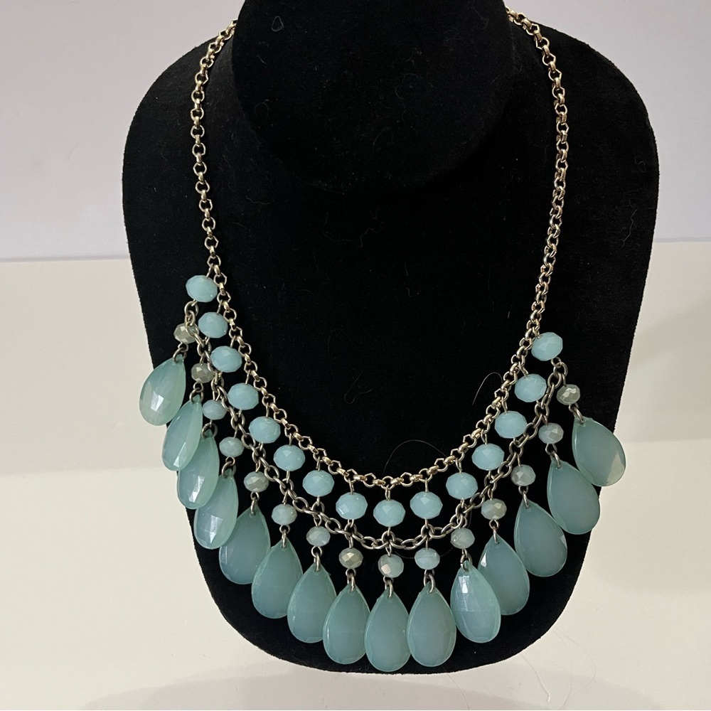 Elegant Aqua Blue Teardrop Statement Necklace Gold Chain Layered Bib Beaded